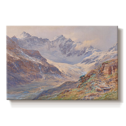 Canvas art print portraying an alpine glacier landscape with rugged peaks and snow-covered terrain, set against a white background