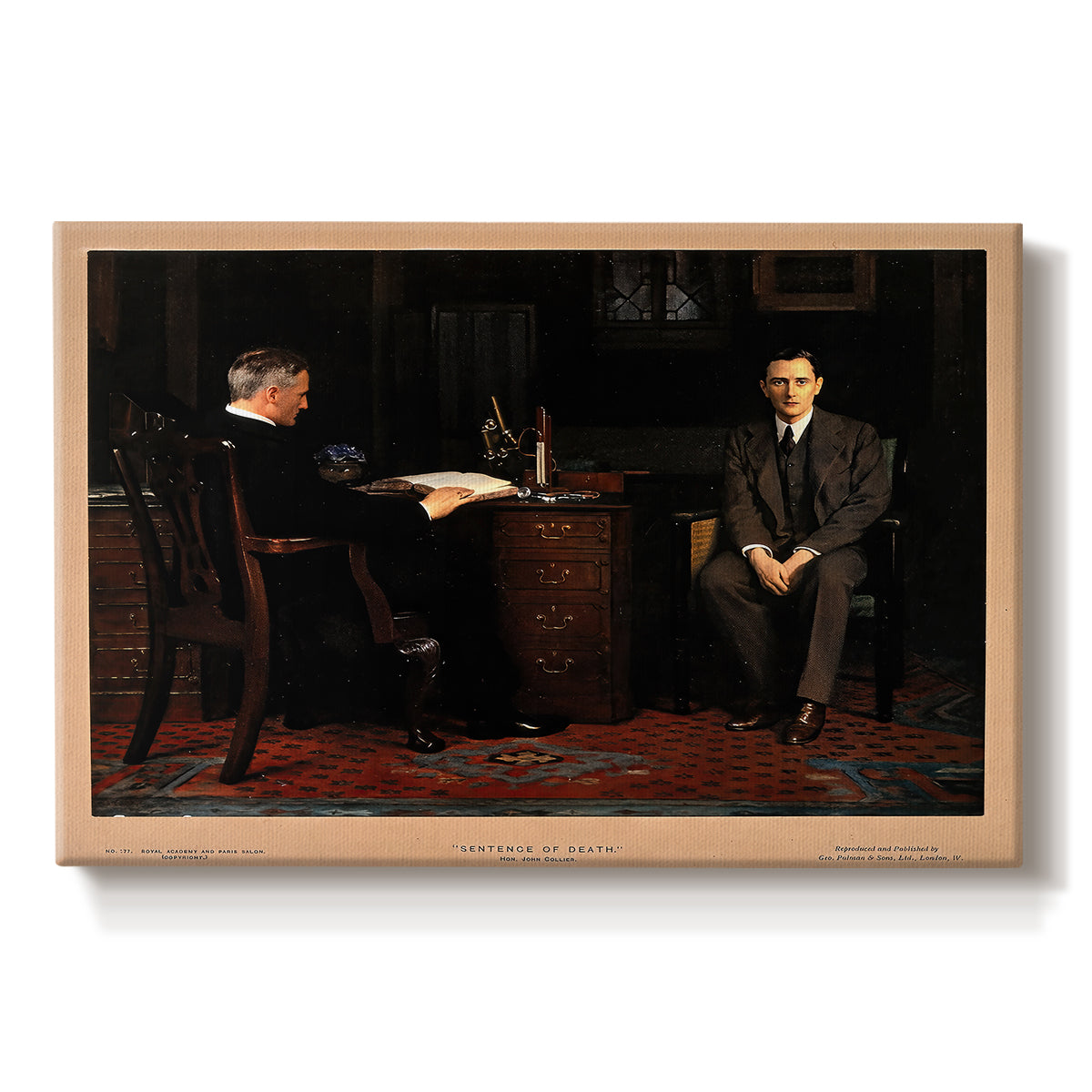 Canvas art print portraying a group of figures gathered indoors around central figure, set against a white background