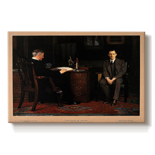 Canvas art print portraying a group of figures gathered indoors around central figure, set against a white background