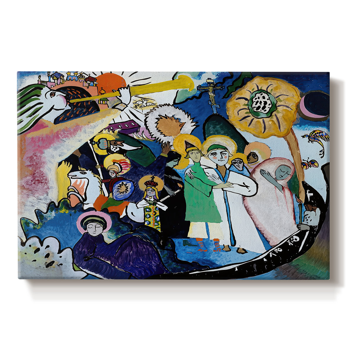 Canvas art print portraying a dense abstract composition with figures and forms suggested through bold color contrasts, set against a white background