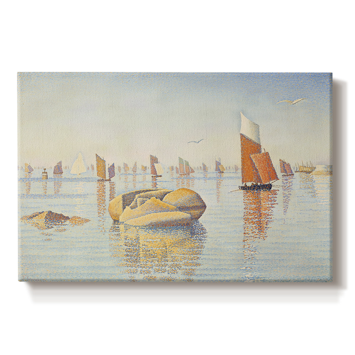 Canvas art print portraying a calm harbor with boats in morning light, set against a white background