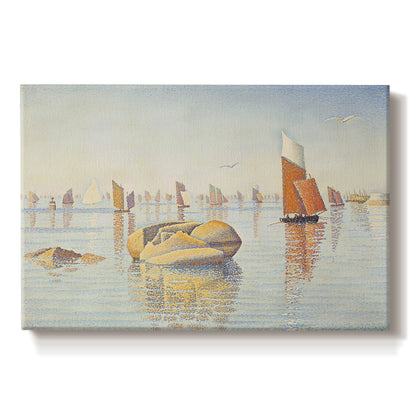 Canvas art print portraying a calm harbor with boats in morning light, set against a white background