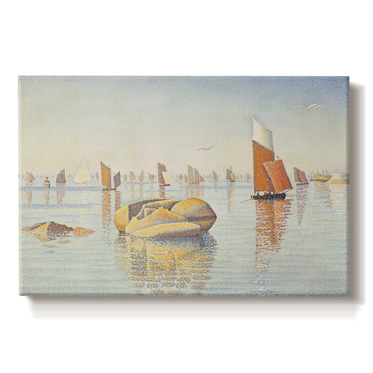 Canvas art print portraying a calm harbor with boats in morning light, set against a white background