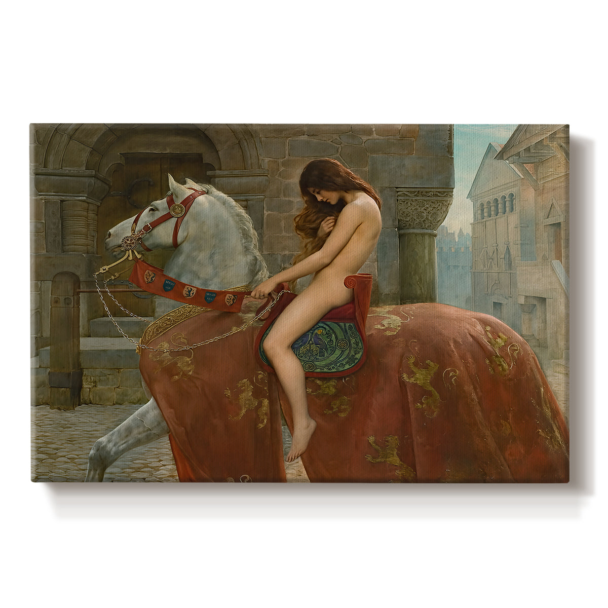 Canvas art print portraying a female figure riding horse through town, set against a white background