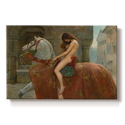 Canvas art print portraying a female figure riding horse through town, set against a white background