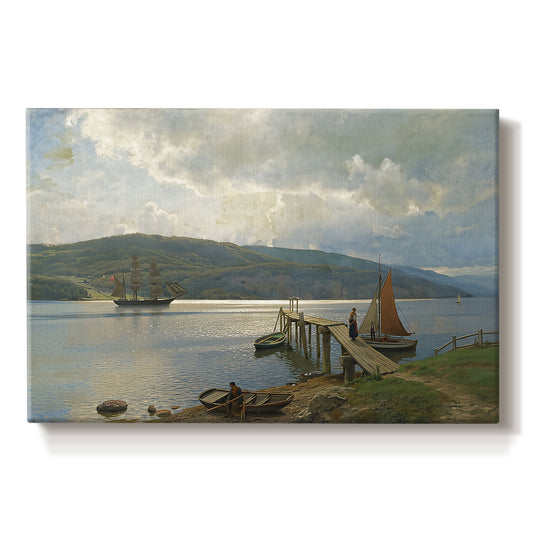Canvas art print portraying a wooden jetty extending into calm water with boats nearby, set against a white background