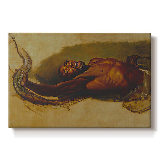 Canvas art print portraying a man grappling with large snake in dramatic physical struggle, set against a white background