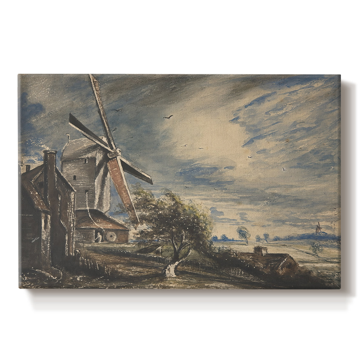 Canvas art print portraying a rural mill beside water surrounded by trees, set against a white background