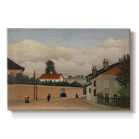 Canvas art print portraying a quiet suburban landscape with buildings, road, and open terrain, set against a white background