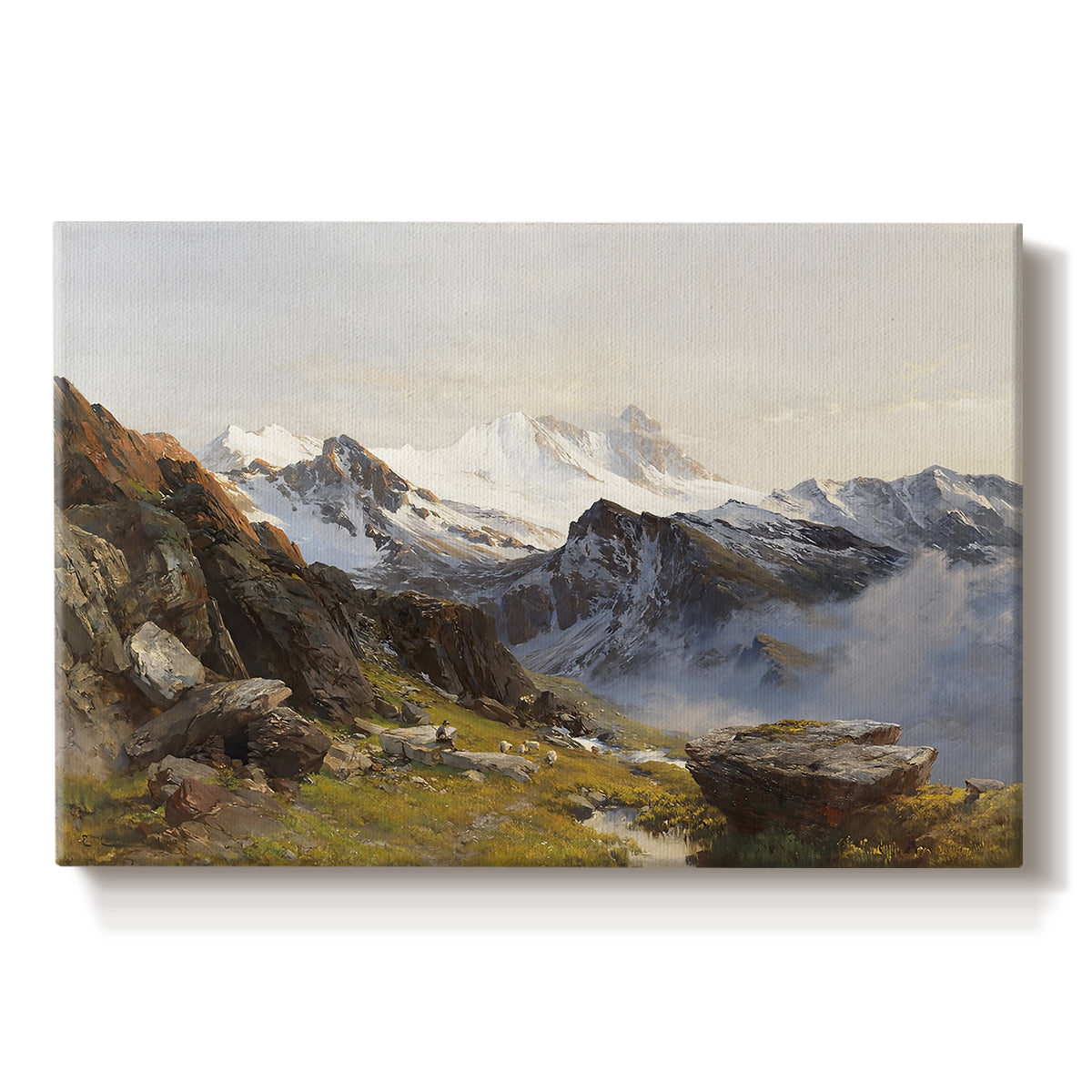 Canvas art print portraying a view of Großglockner peak from alpine hut overlooking valley, set against a white background