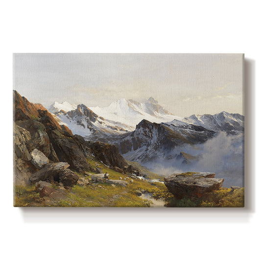 Canvas art print portraying a view of Großglockner peak from alpine hut overlooking valley, set against a white background