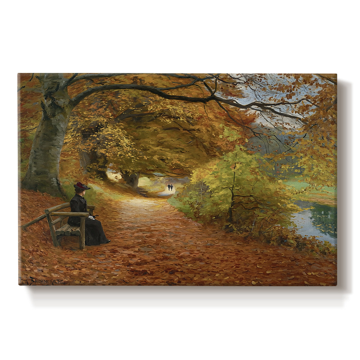 Canvas art print portraying figures walking along forest path covered in autumn leaves, set against a white background