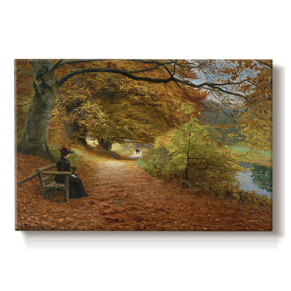 Canvas art print portraying figures walking along forest path covered in autumn leaves, set against a white background