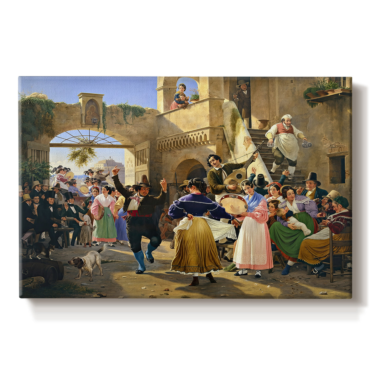 Canvas art print portraying a group of people eating and drinking together in lively tavern setting, set against a white background