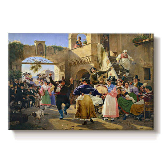 Canvas art print portraying a group of people eating and drinking together in lively tavern setting, set against a white background