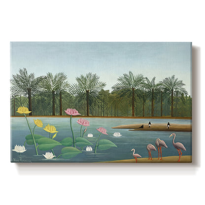 Canvas art print portraying flamingos standing in water surrounded by trees and vegetation, set against a white background