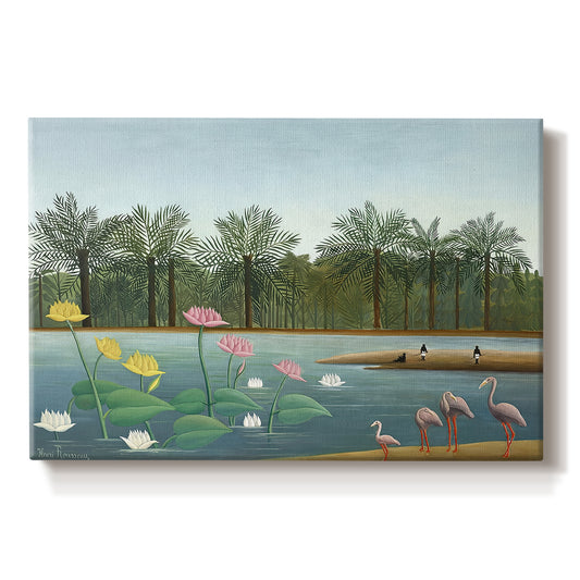 Canvas art print portraying flamingos standing in water surrounded by trees and vegetation, set against a white background