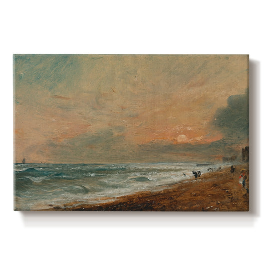 Canvas art print portraying a coastal shoreline with waves and open sky along beach, set against a white background