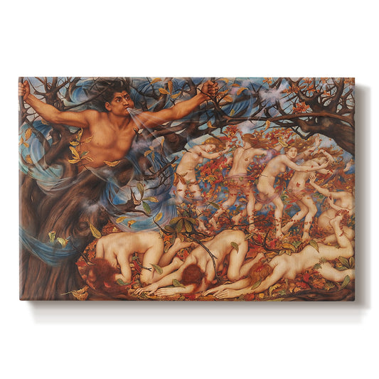 Canvas art print portraying swirling figures carried by wind among falling leaves in dynamic composition, set against a white background