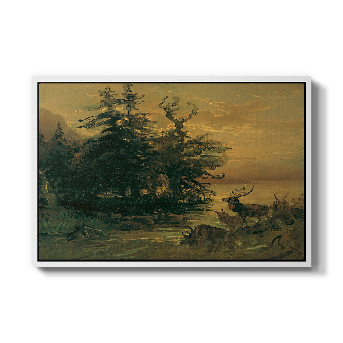 Wallowing Deer on the Shore of a Mountain Lake, c. 1850 - Floater Framed Canvas Print