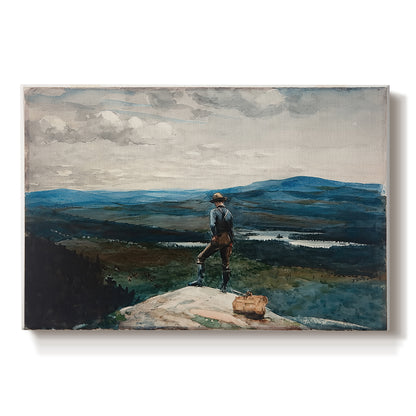 Canvas art print portraying a figure standing in small boat on open water with distant hills behind, set against a white background