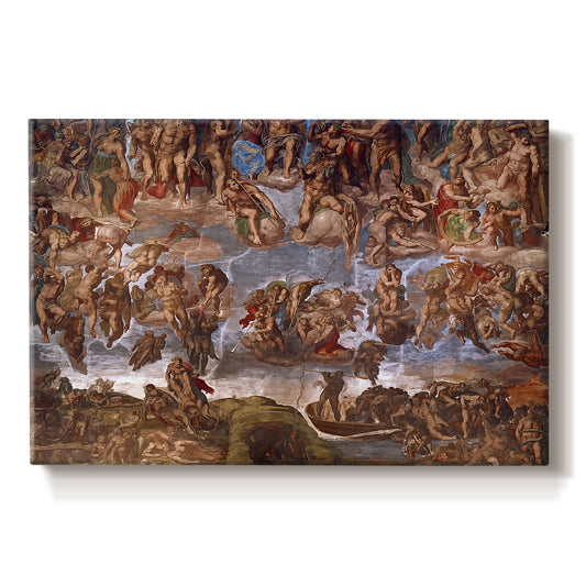 Canvas art print portraying a dense composition of human figures in dramatic judgment scene, set against a white background