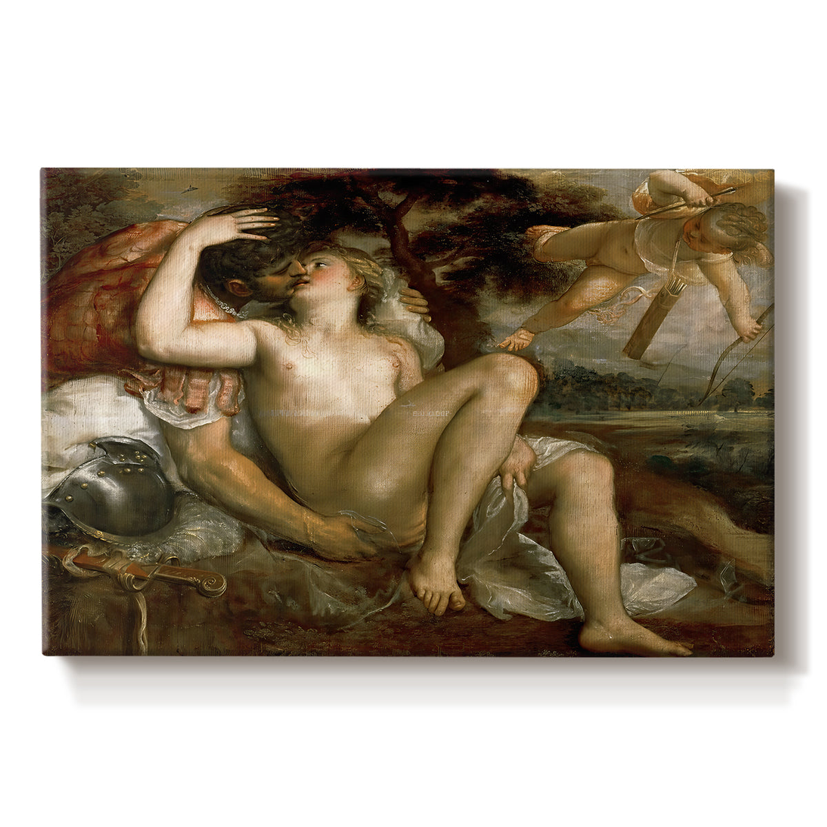 Canvas art print portraying a reclining mythological figures with Cupid in warm-toned classical setting, set against a white background