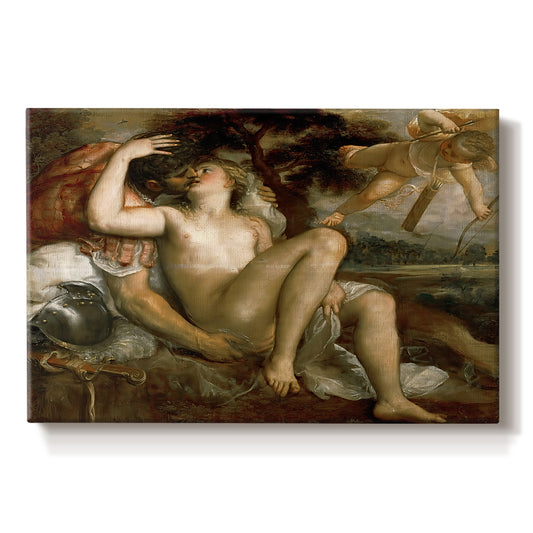 Canvas art print portraying a reclining mythological figures with Cupid in warm-toned classical setting, set against a white background