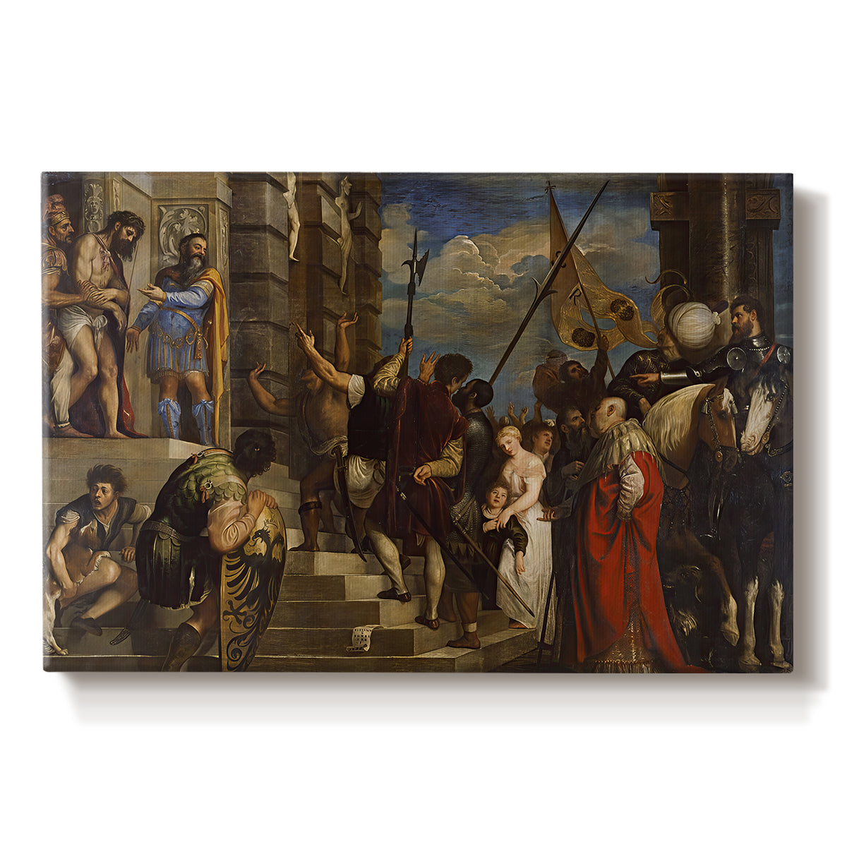 Canvas art print portraying a crowded religious scene with central figure presented before gathered crowd, set against a white background