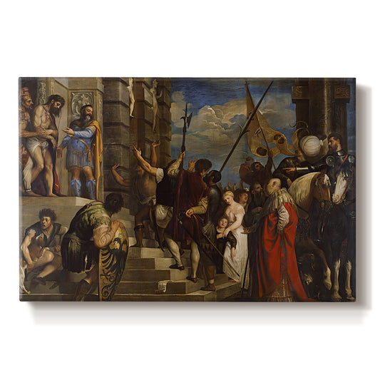 Canvas art print portraying a crowded religious scene with central figure presented before gathered crowd, set against a white background