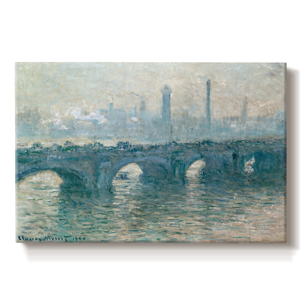 Canvas art print portraying a hazy view of Waterloo Bridge over river in gray atmospheric light, set against a white background