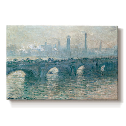 Canvas art print portraying a hazy view of Waterloo Bridge over river in gray atmospheric light, set against a white background
