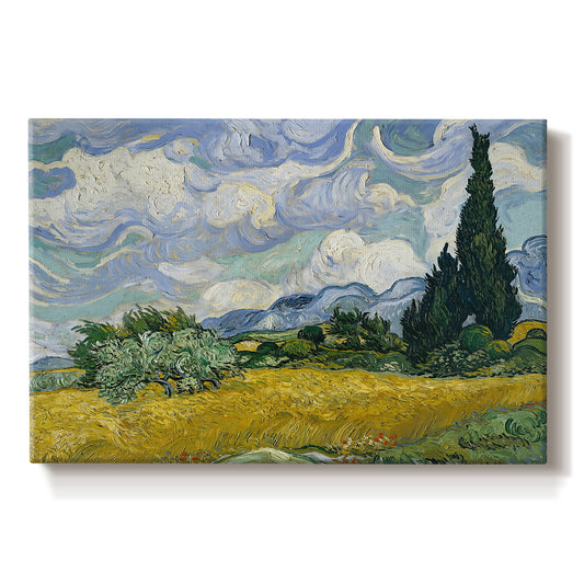 Canvas art print portraying a golden wheat field with tall cypress trees under swirling sky, set against a white background