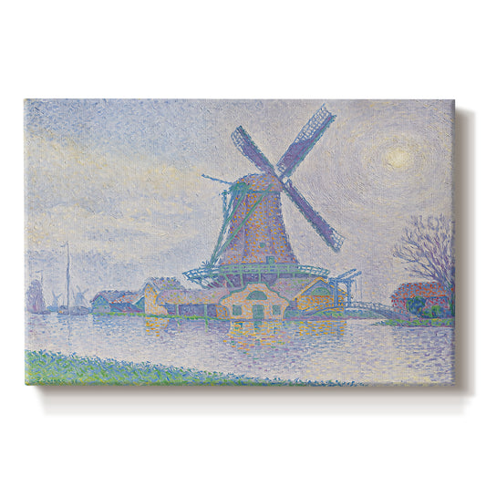 Canvas art print portraying a windmill beside water in quiet town landscape, set against a white background