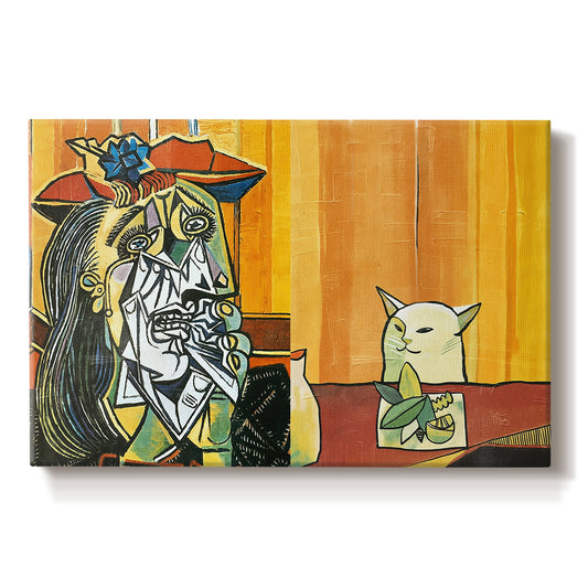 Canvas art print portraying a stylized figure facing cat across table in exaggerated scene, set against a white background