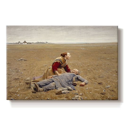 Canvas art print portraying an exhausted figure resting on ground in open rural landscape, set against a white background