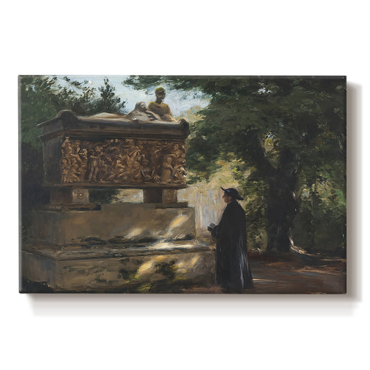 Canvas art print portraying a priest standing beside stone sarcophagus in quiet architectural setting, set against a white background
