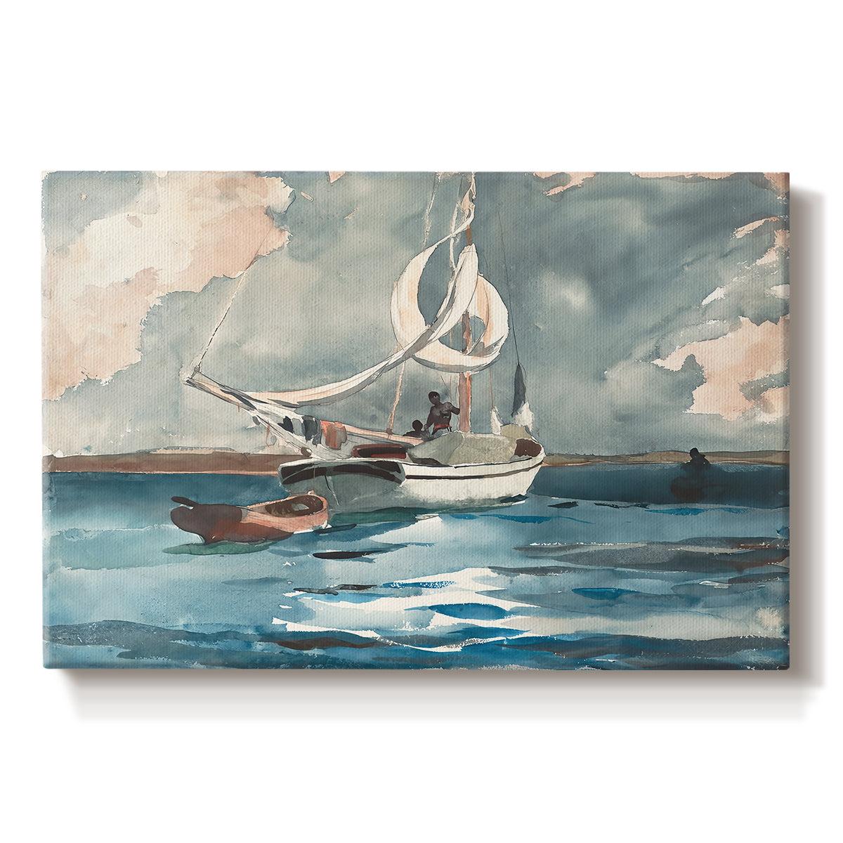 Canvas art print portraying a single sailboat moving across bright blue water under clear sky, set against a white background