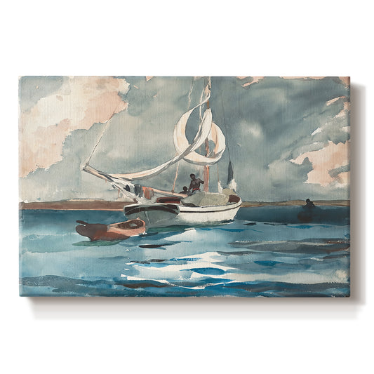 Canvas art print portraying a single sailboat moving across bright blue water under clear sky, set against a white background