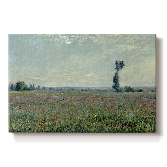 Canvas art print portraying a wide field of red poppies stretching across countryside under open sky, set against a white background
