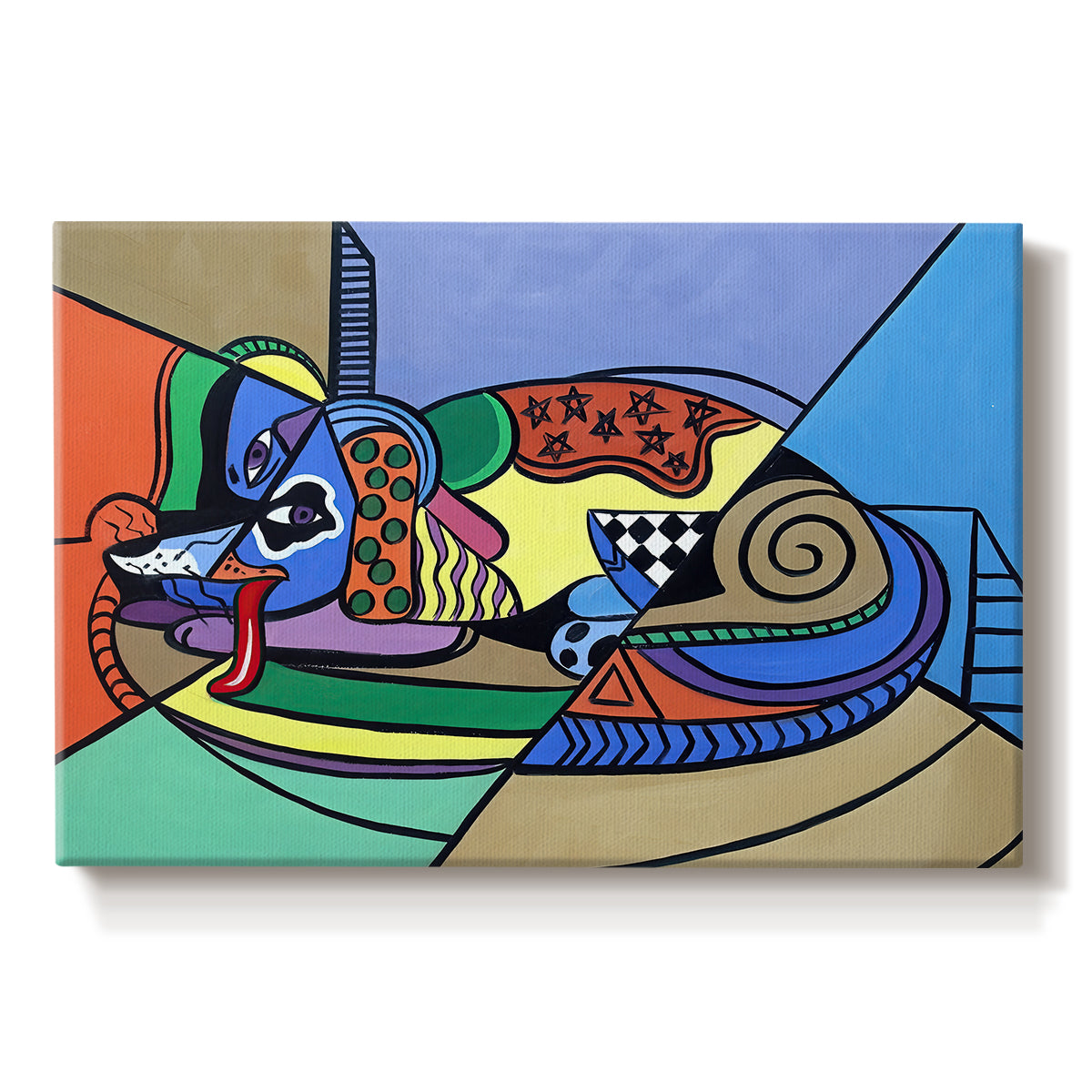 Canvas art print portraying a colorful geometric dog composed of bold shapes, set against a white background
