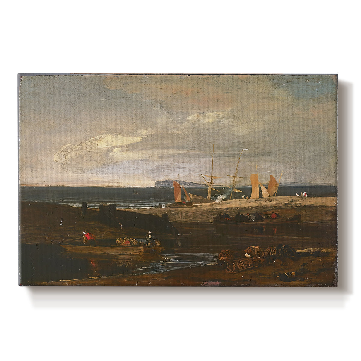 Canvas art print portraying a coastal view with ships and shoreline under sky, set against a white background