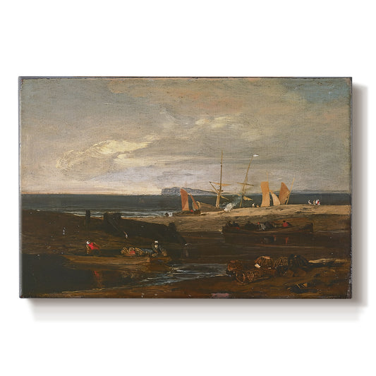 Canvas art print portraying a coastal view with ships and shoreline under sky, set against a white background