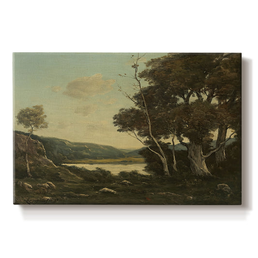 Canvas art print portraying an open countryside landscape with trees and distant horizon under soft sky, set against a white background