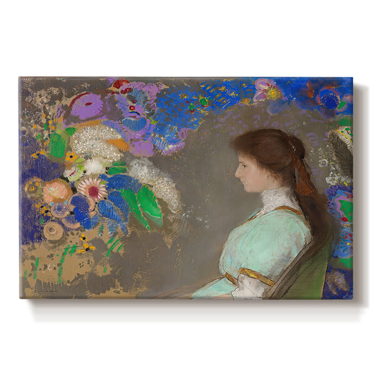 Canvas art print portraying a young woman in profile with soft decorative background, set against a white background