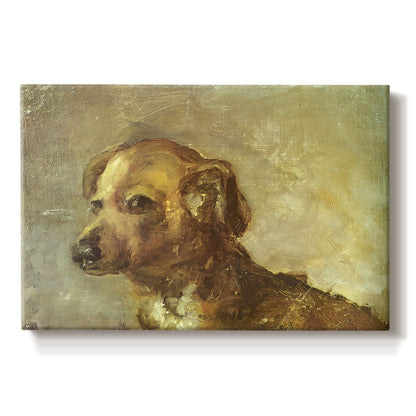 Canvas art print portraying a small dog resting with soft brushwork in warm-toned composition, set against a white background