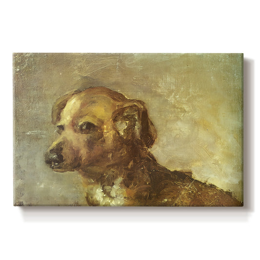 Canvas art print portraying a small dog resting with soft brushwork in warm-toned composition, set against a white background