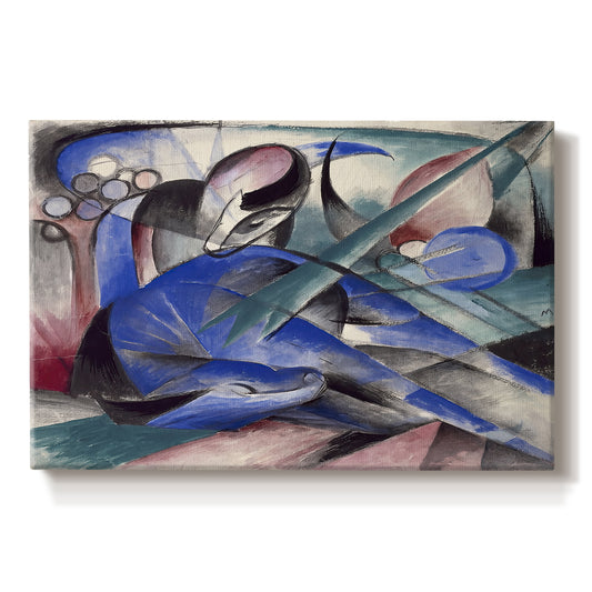 Canvas art print portraying a reclining horse depicted in flowing abstract shapes and colors, set against a white background