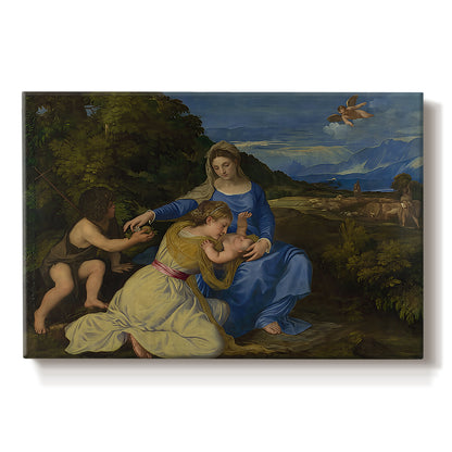 Canvas art print portraying Madonna seated with child in landscape beside soft blue water and sky, set against a white background