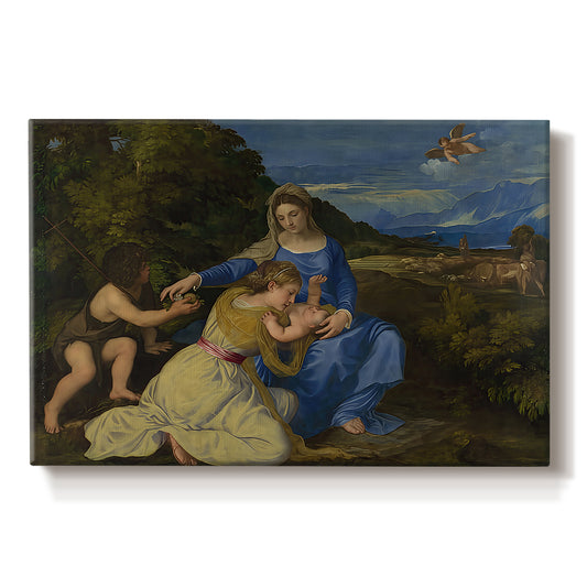 Canvas art print portraying Madonna seated with child in landscape beside soft blue water and sky, set against a white background